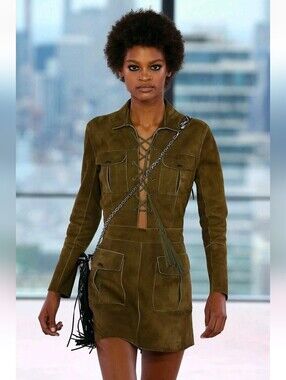 LONGCHAMP Lace-up Front Long Sleeve Suede Mini Dress Khaki FR 38 US 6 Org $1,470